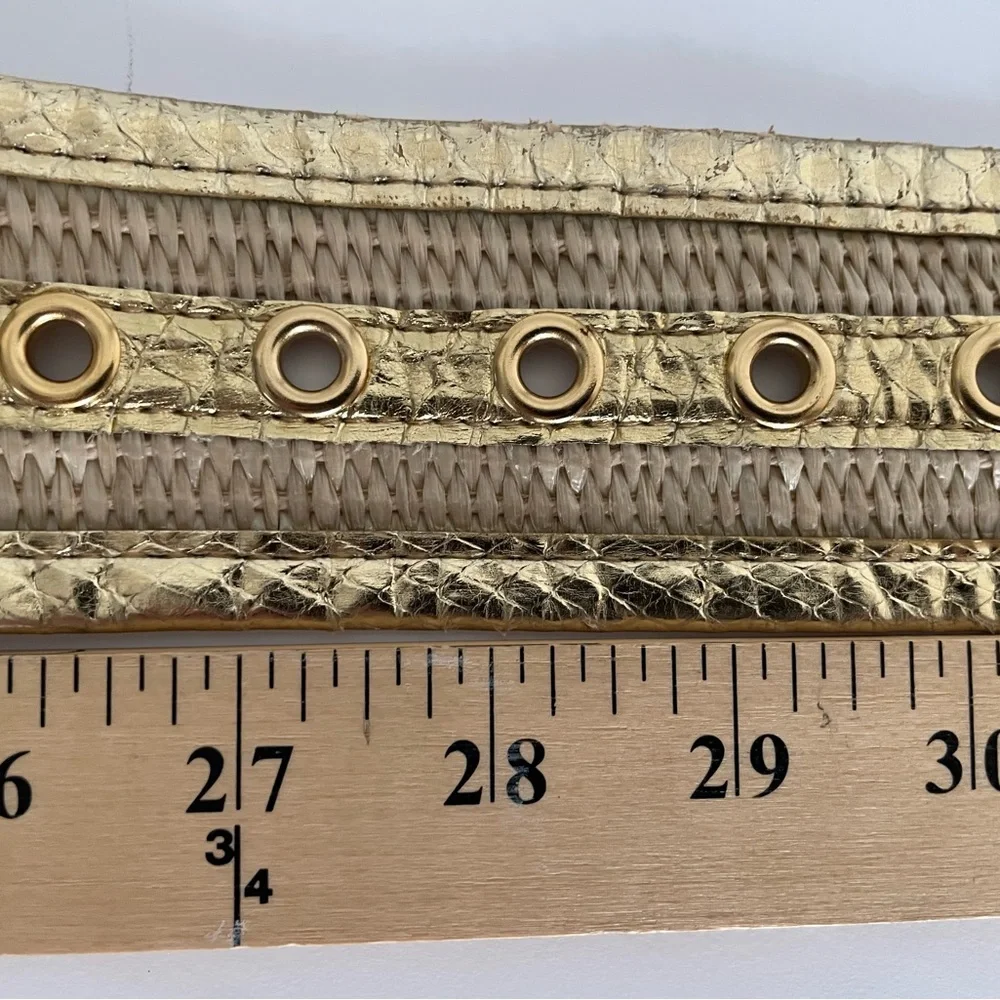 VTG: Genuine Snake Leather & Straw Wide Belt Metallic Gold/Natural Tan